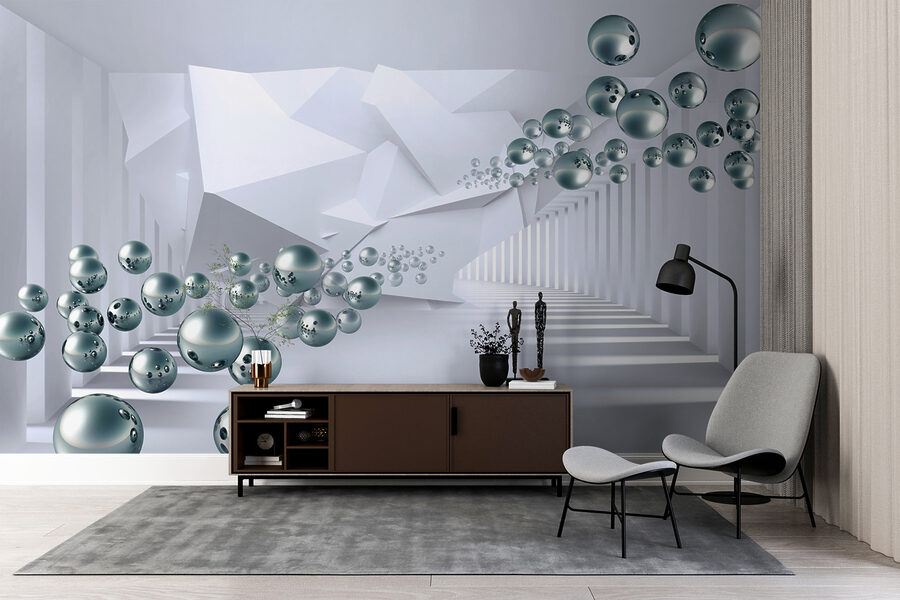 Witte kamer met witte muren en witte zuilen en zilveren ballen