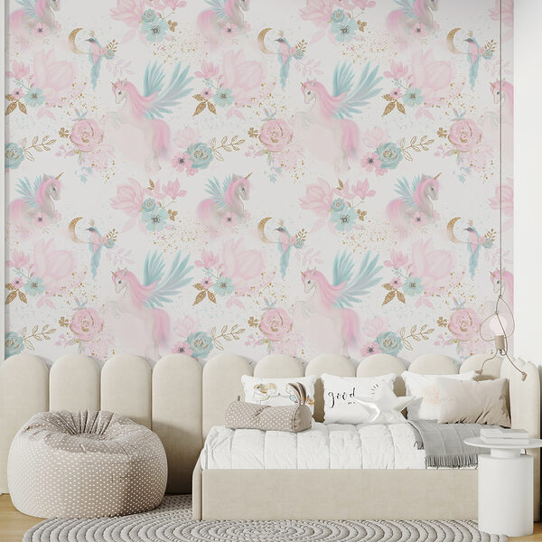 Patroon van roze en blauwe eenhoorns en bloemen Patroon van roze en blauwe eenhoorns en bloemen