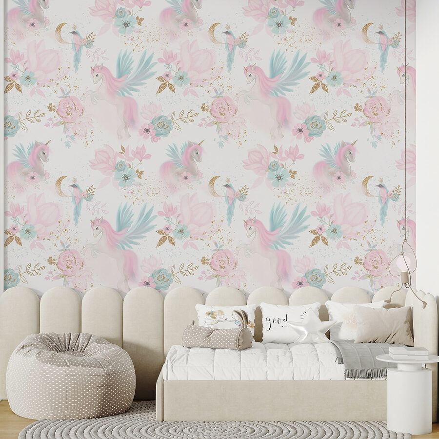 Patroon van roze en blauwe eenhoorns en bloemen Patroon van roze en blauwe eenhoorns en bloemen