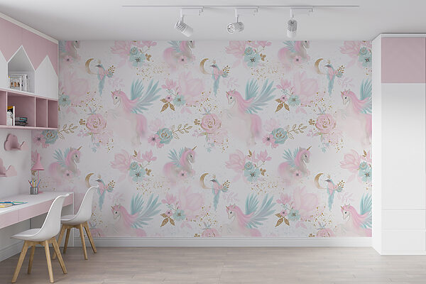 Patroon van roze en blauwe eenhoorns en bloemen Patroon van roze en blauwe eenhoorns en bloemen