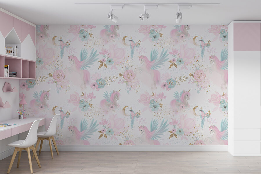Patroon van roze en blauwe eenhoorns en bloemen Patroon van roze en blauwe eenhoorns en bloemen