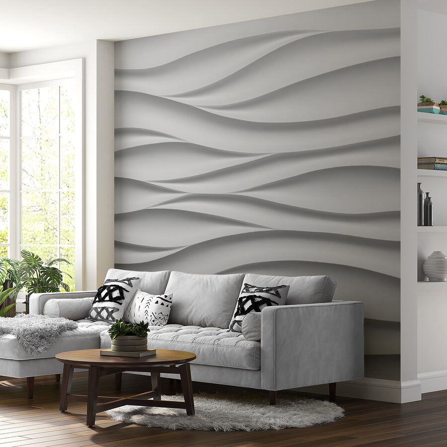 Fotobehang Witte muur met golvende lijnen - Afbeelding 3