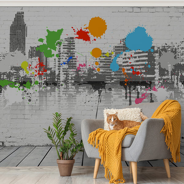 Witte bakstenen muur met kleurrijke verfspatten Witte bakstenen muur met kleurrijke verfspatten