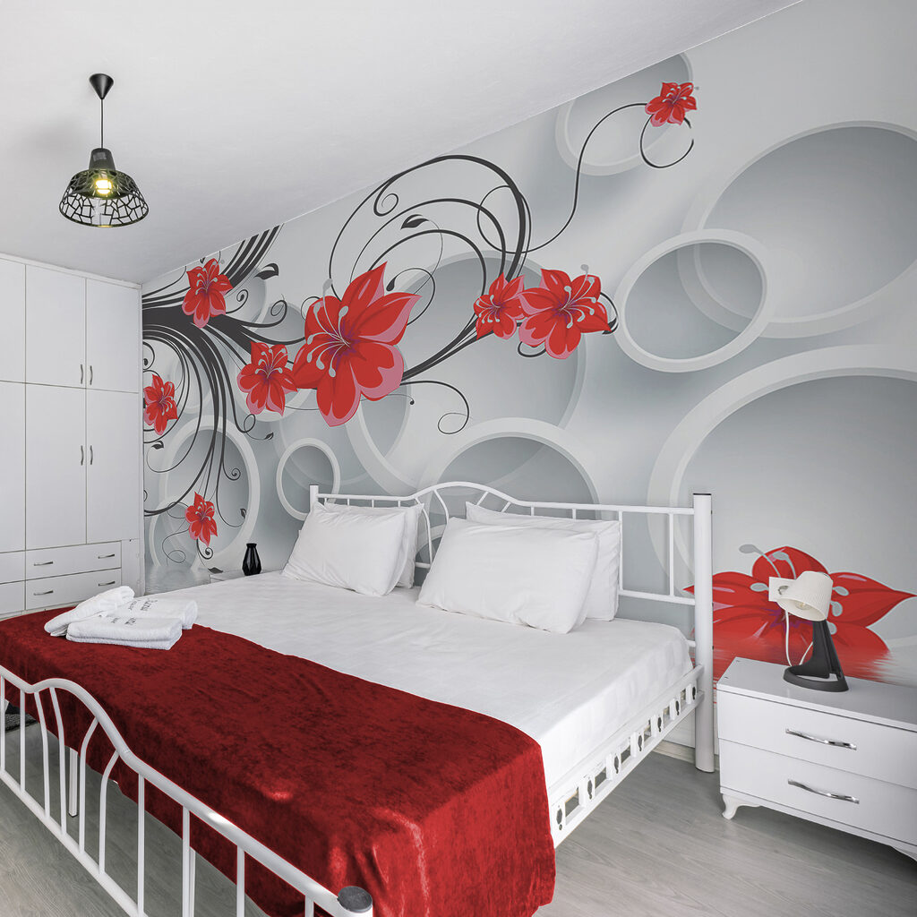 Wallpaper with red flowers and white circles
