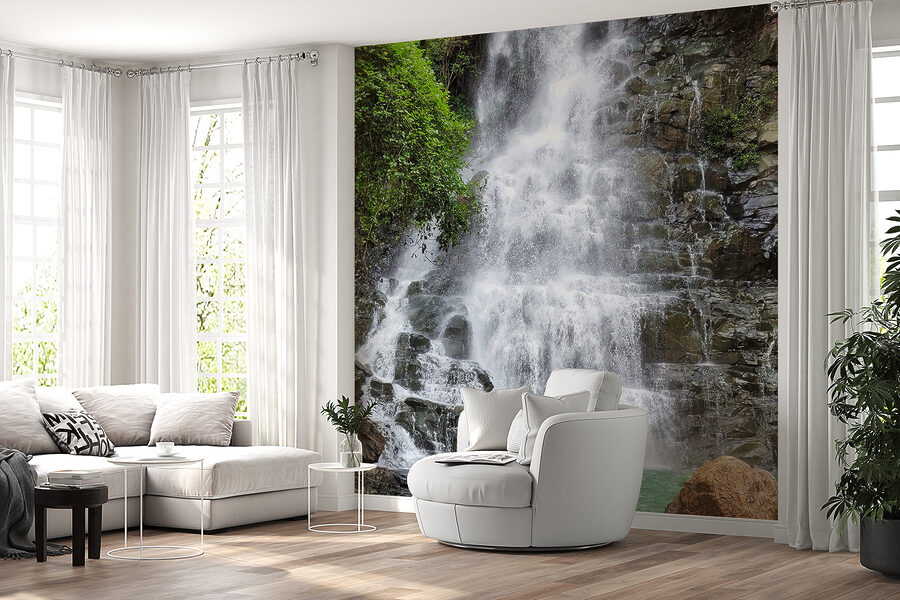 Fotobehang Waterval met rotsen en bomen - Afbeelding 2