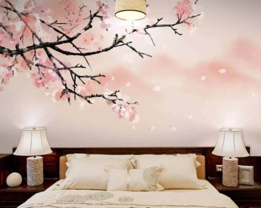 Boomtak met roze bloemen