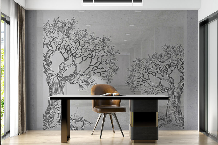 Groep bomen getekend op de muur