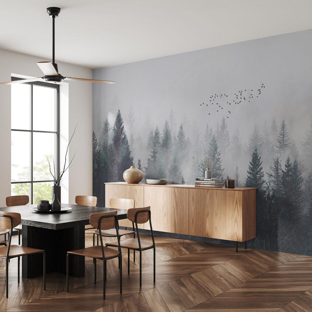 Group of birds flying over a forest Group of birds flying over a forest