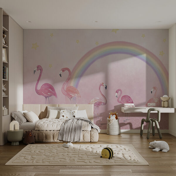 Groep flamingo's met een regenboog Groep flamingo's met een regenboog