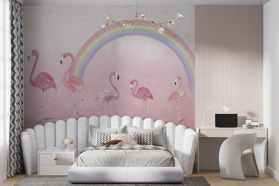 Groep flamingo's met een regenboog