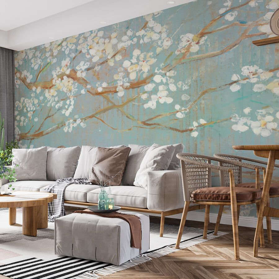 Fotobehang Schilderij van een boomtak met witte bloemen - Afbeelding 3