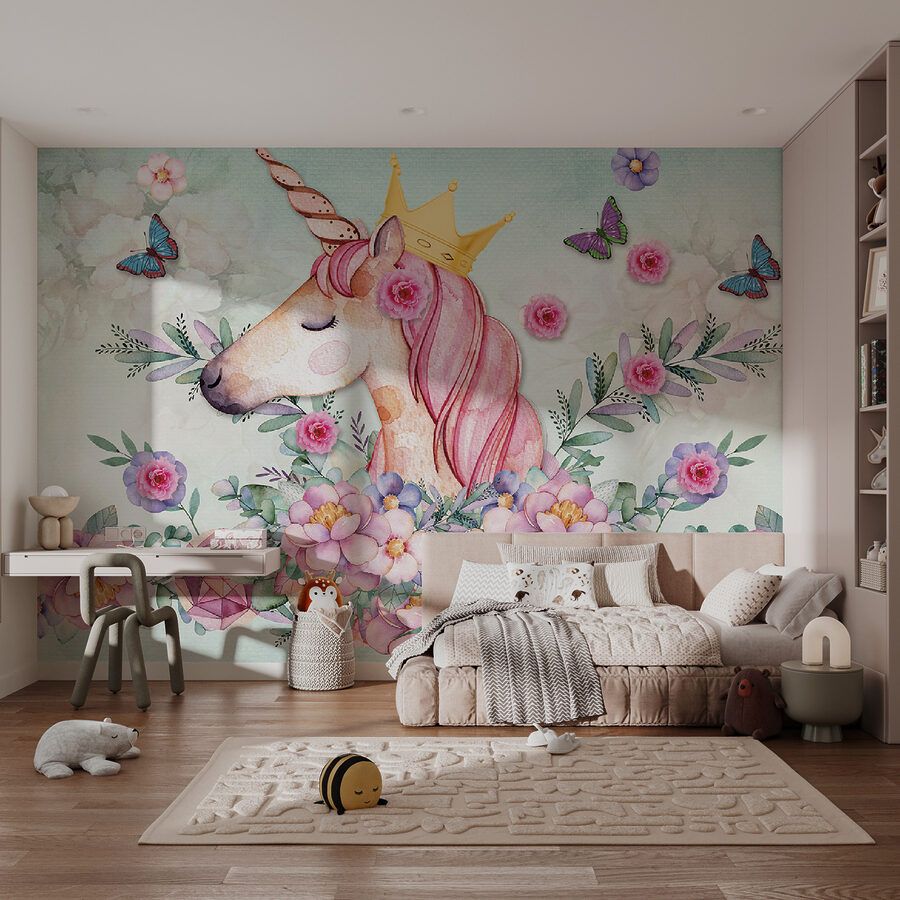 Aquarel eenhoorn met kroon en bloemen