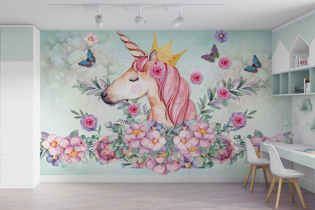 Watercolor unicorn with a crown and flowers