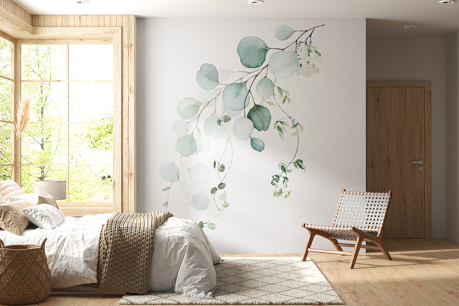 Fotobehang Aquarel van een tak met bladeren - Afbeelding 4