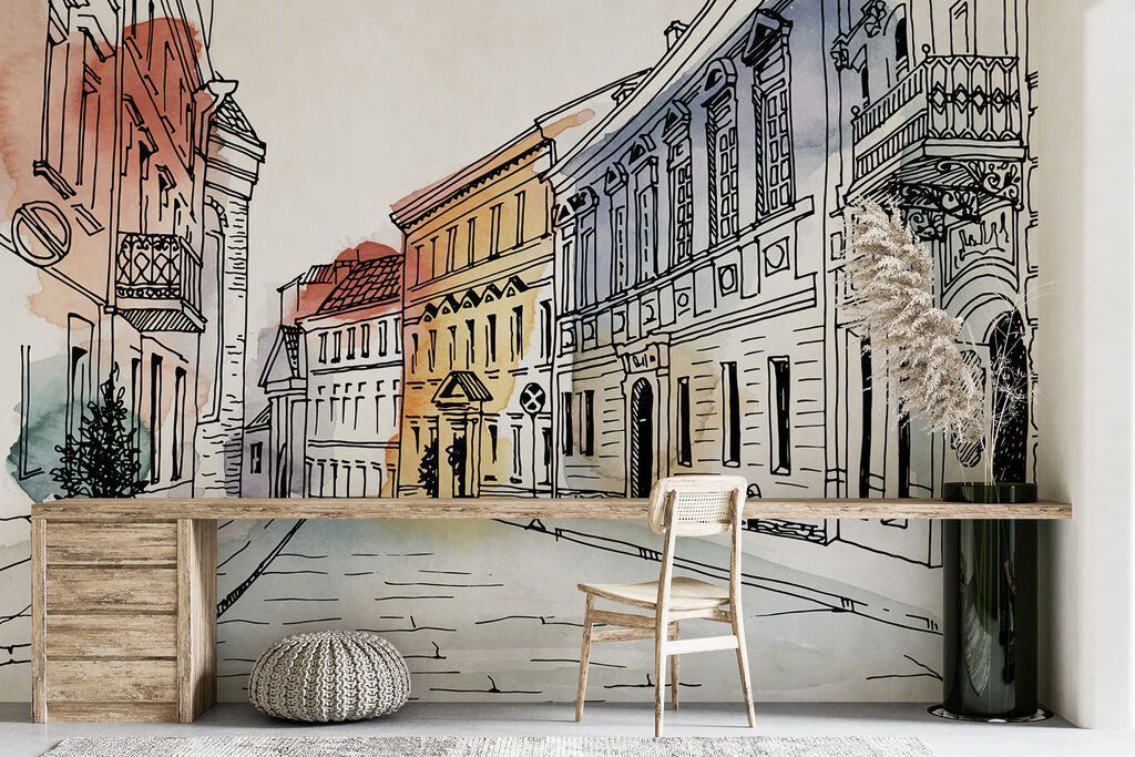 Drawing of a street with buildings