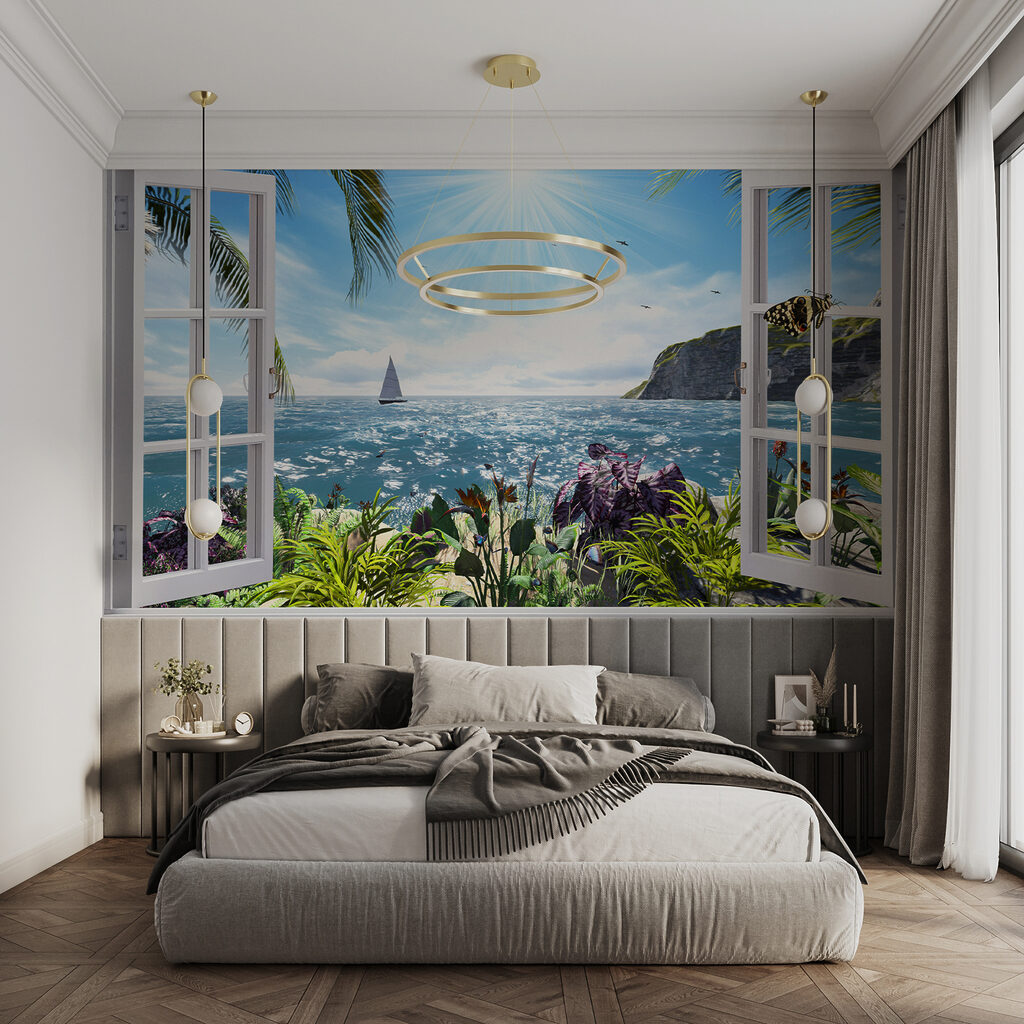 Window with a view of the ocean and a sailboat Window with a view of the ocean and a sailboat