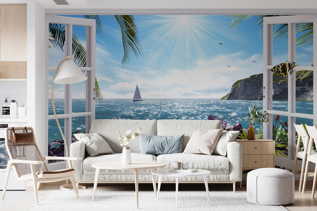 Window with a view of the ocean and a sailboat Window with a view of the ocean and a sailboat