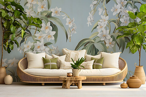 Behang met witte bloemen Behang met witte bloemen