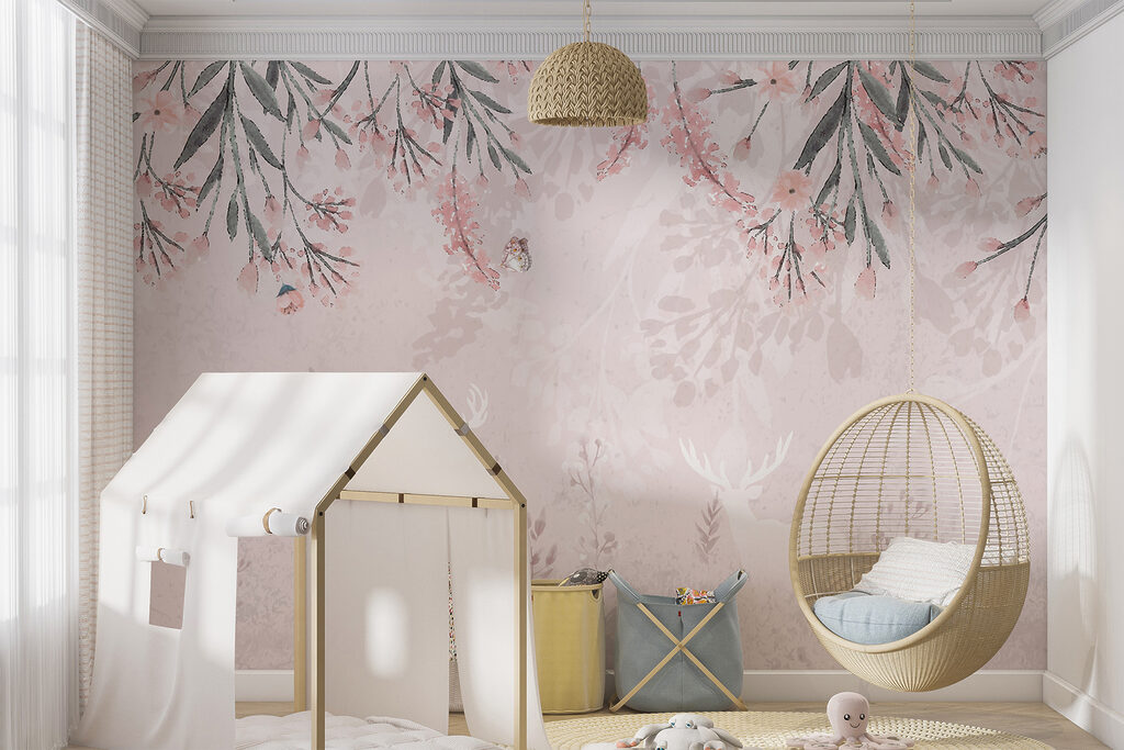 White deer and butterflies and flowers