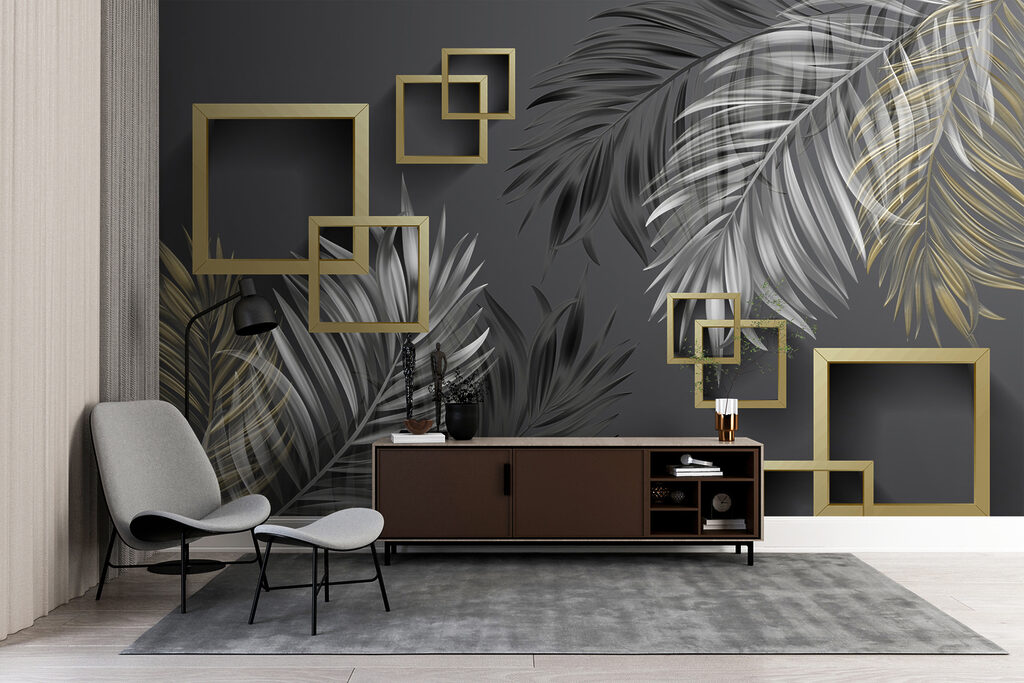 Wallpaper with feathers and square frames