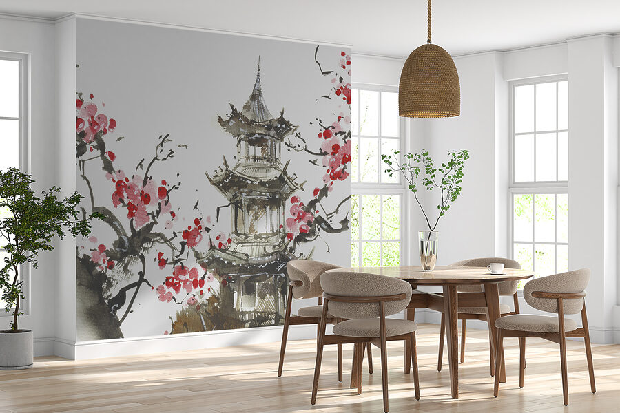 Schilderij van een pagode en kersenbloesems