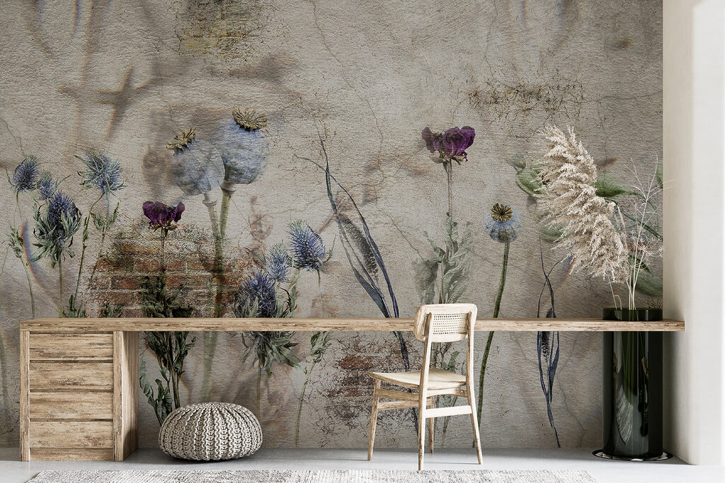 Wall with flowers and a brick wall