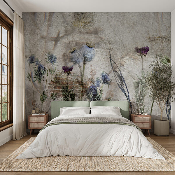 Muur met bloemen en een bakstenen muur Muur met bloemen en een bakstenen muur