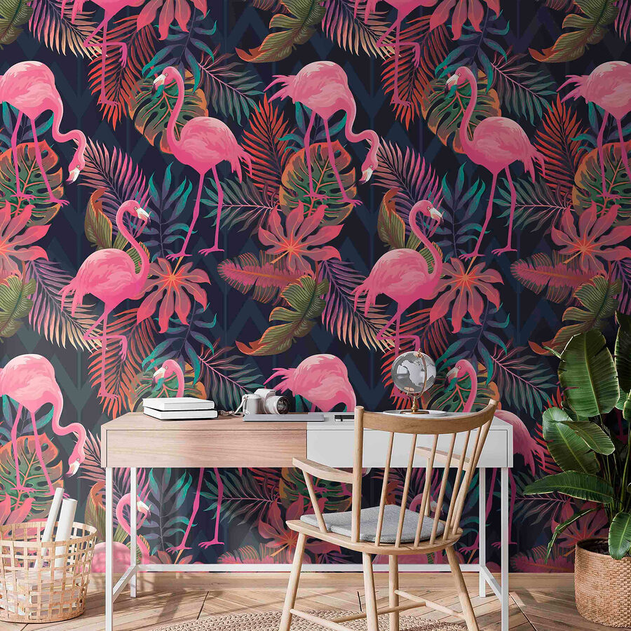 Fotobehang Een patroon van roze flamingo's en bladeren - Afbeelding 3