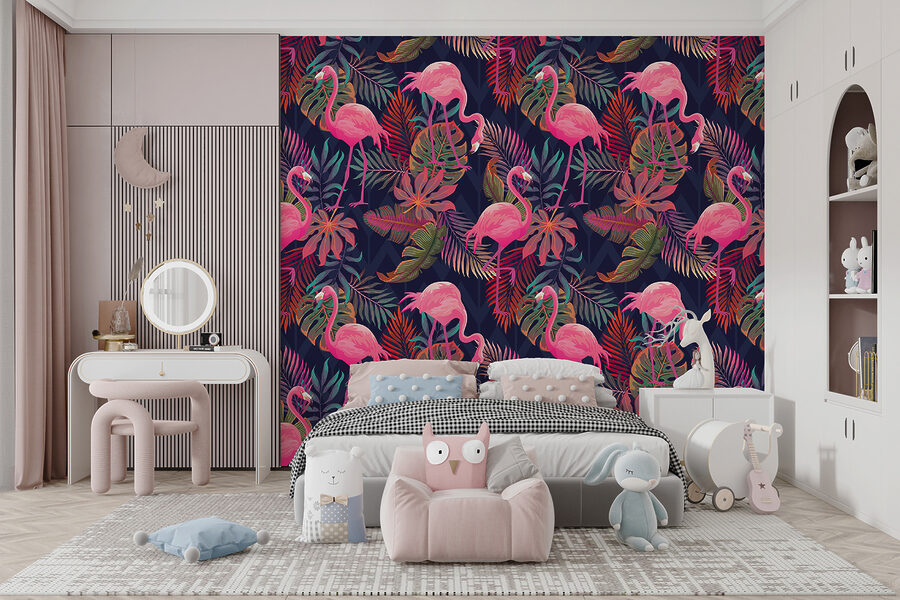 Fotobehang Een patroon van roze flamingo's en bladeren - Afbeelding 4