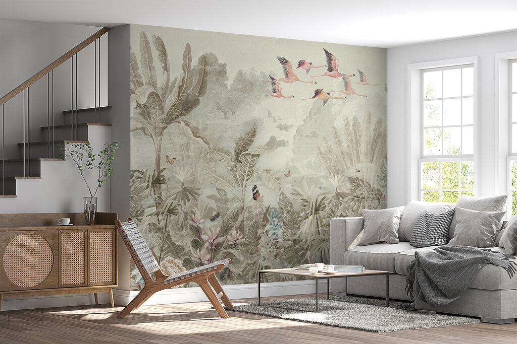 Mural of birds flying over a forest Mural of birds flying over a forest