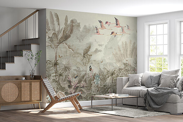 Mural of birds flying over a forest Mural of birds flying over a forest
