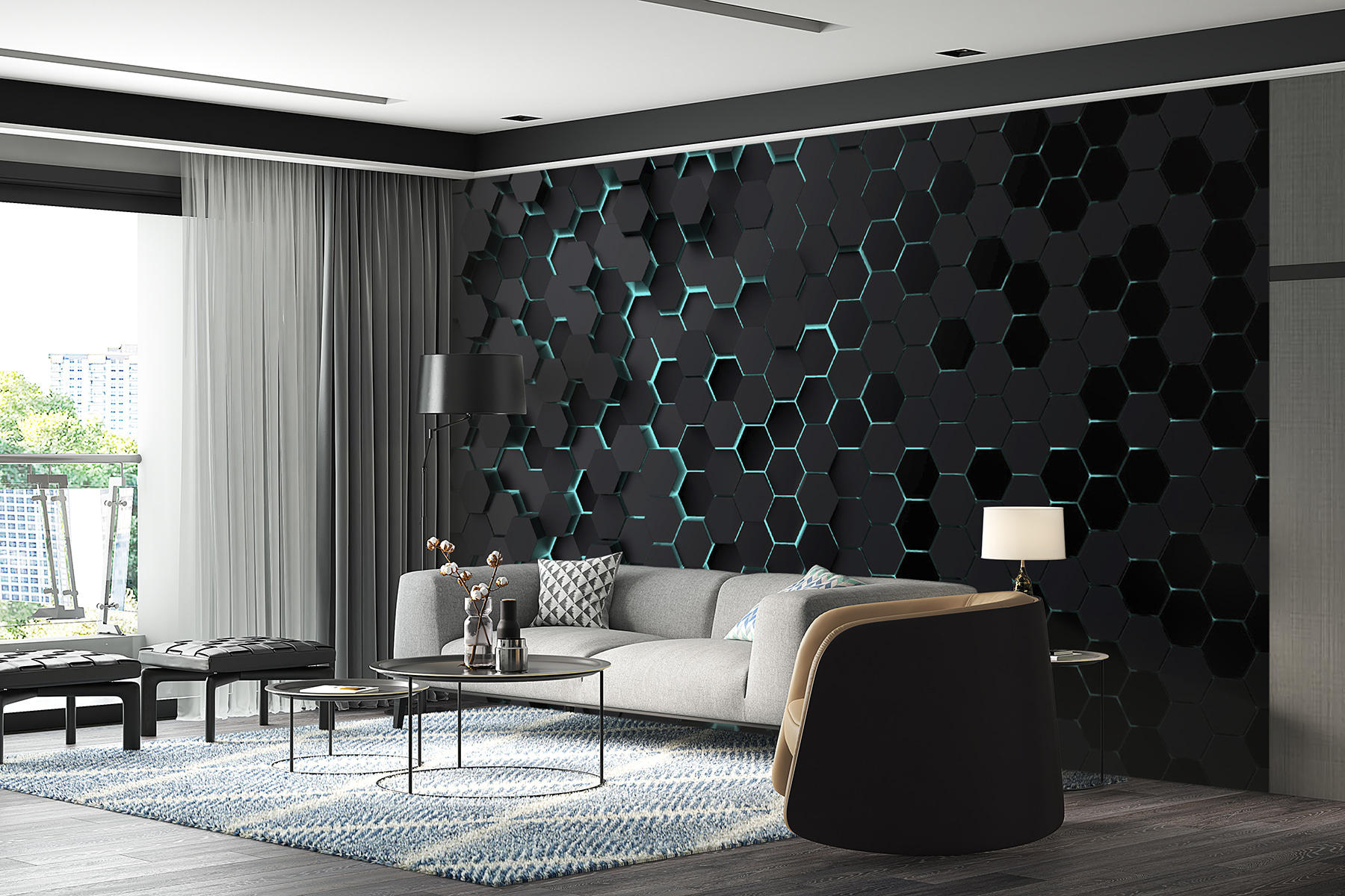 Black hexagons with blue lights