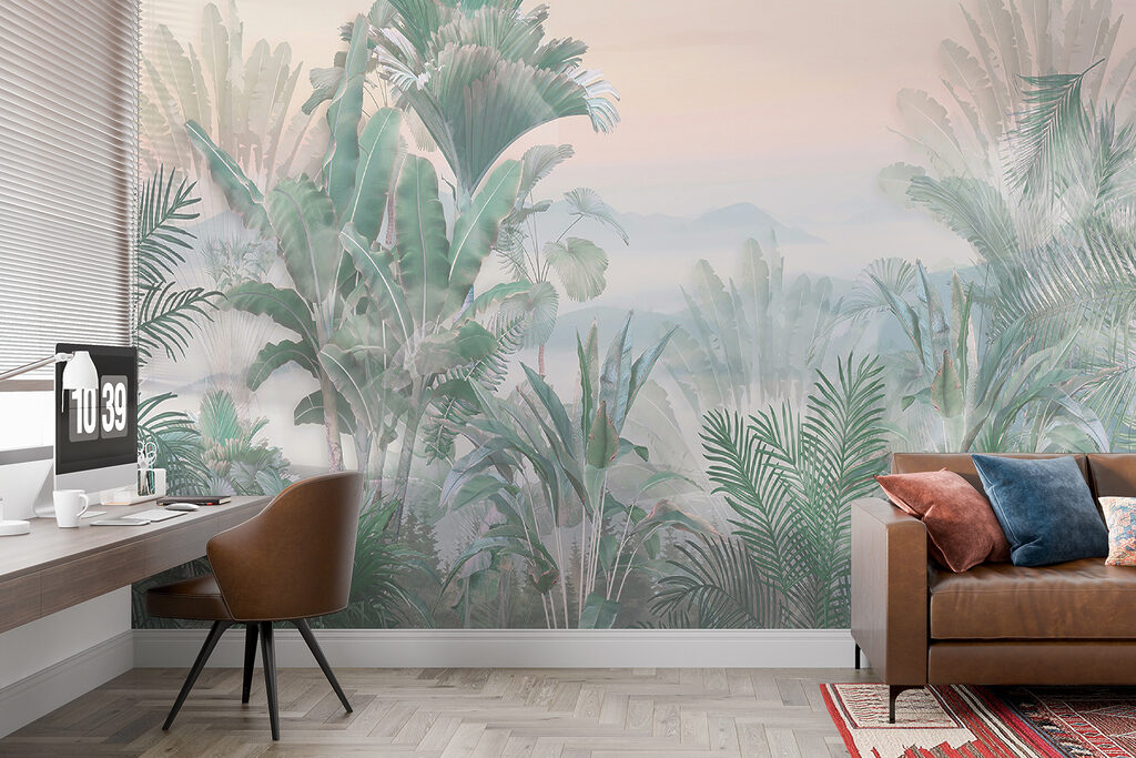 Foggy landscape with plants