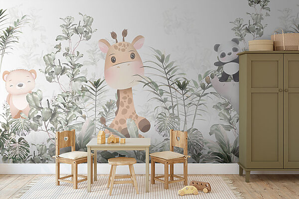 Giraffe en panda in een bos Giraffe en panda in een bos