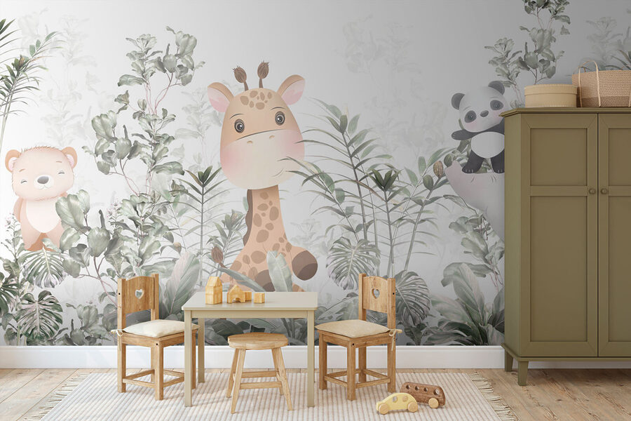 Giraffe en panda in een bos