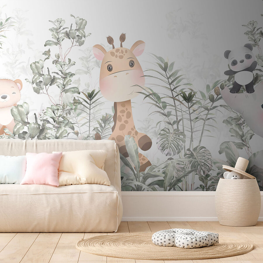 Giraffe en panda in een bos