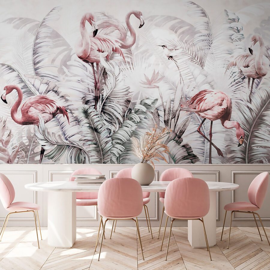 Fotobehang Behang met flamingo's en vogels - Afbeelding 6