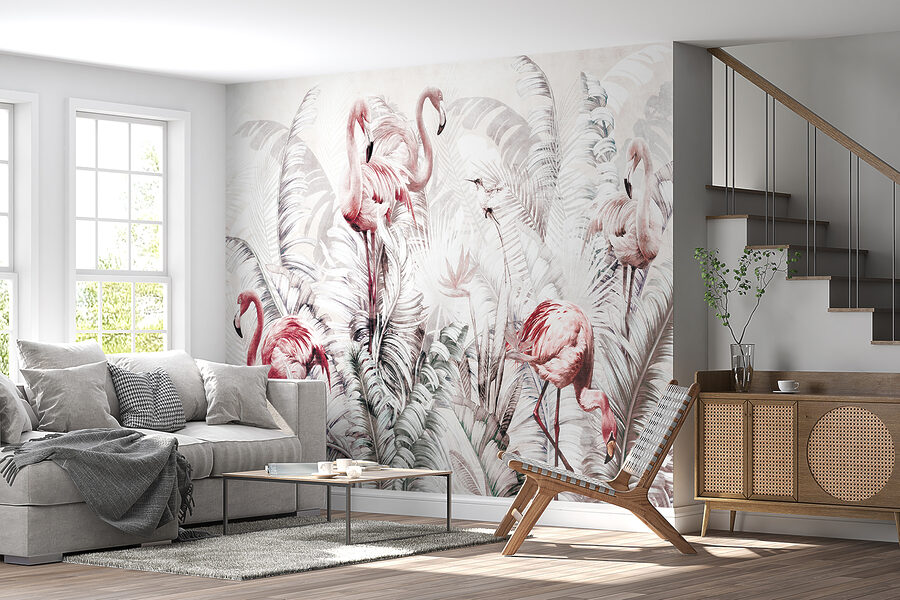 Fotobehang Behang met flamingo's en vogels - Afbeelding 7