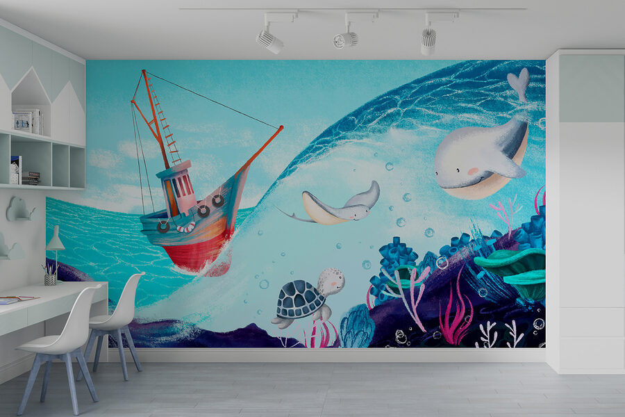 Fotobehang Spotprent van een boot en zeedieren - Afbeelding 5
