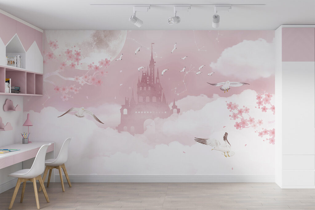 Castle with birds flying in the sky