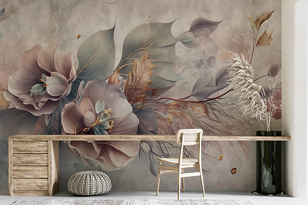 Schilderij van bloemen en bladeren Schilderij van bloemen en bladeren