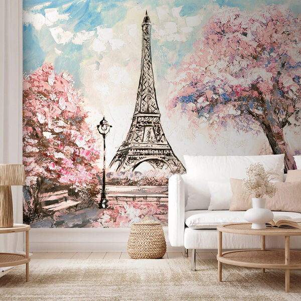 Schilderij van een toren met roze bloemen Schilderij van een toren met roze bloemen