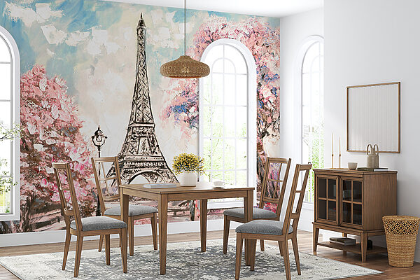 Schilderij van een toren met roze bloemen Schilderij van een toren met roze bloemen