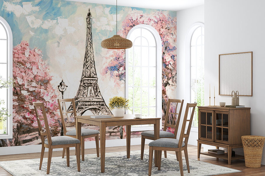 Schilderij van een toren met roze bloemen