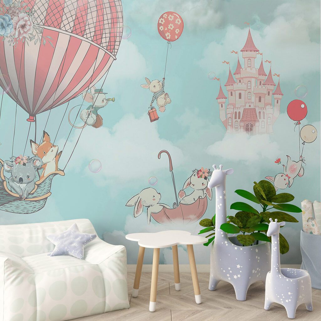 Cartoon of animals in a hot air balloon