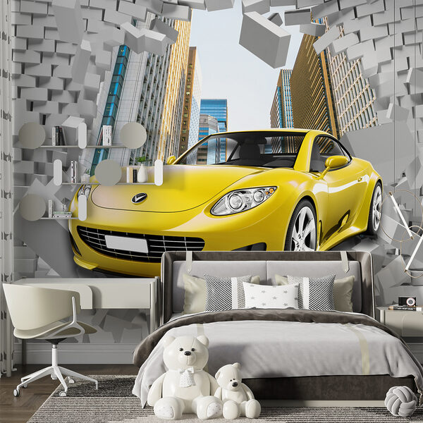 Gele auto in een muur van bakstenen Gele auto in een muur van bakstenen