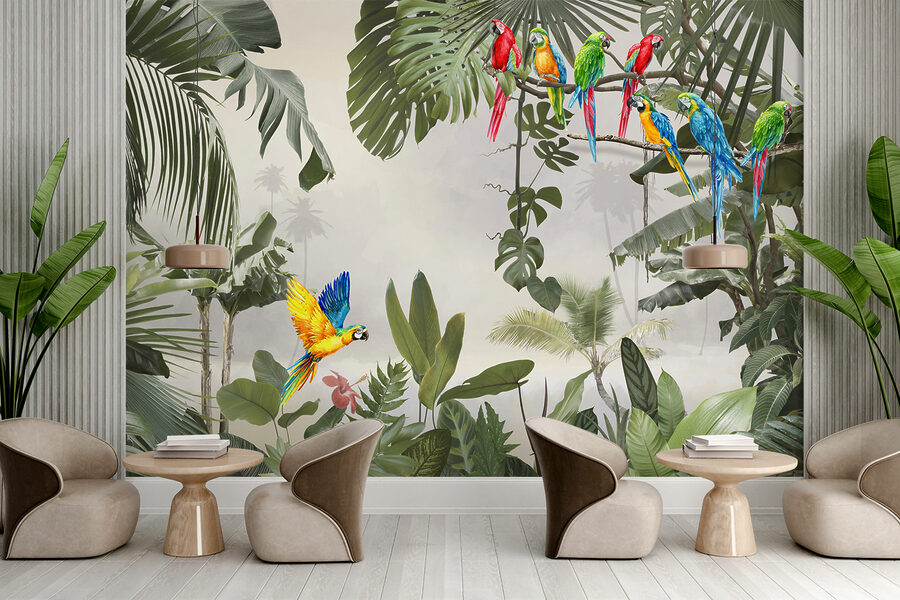 Groep kleurrijke vogels op een boomtak