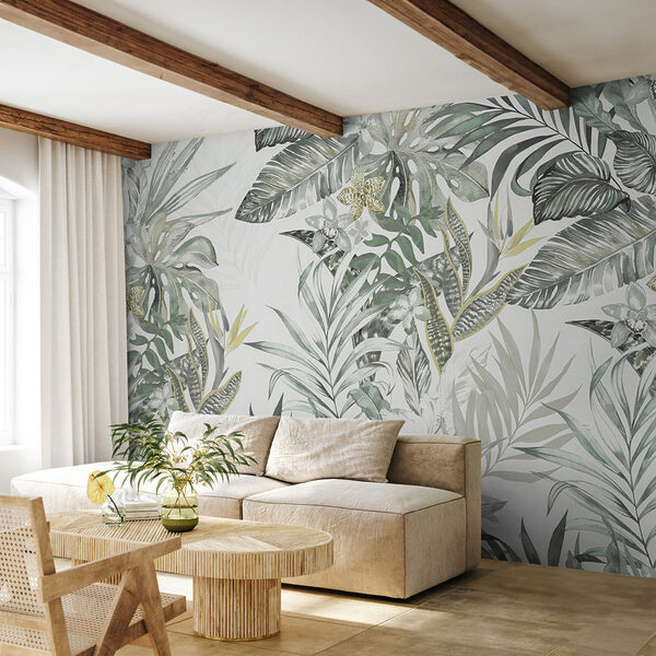 Behang met bladeren en bloemen Behang met bladeren en bloemen