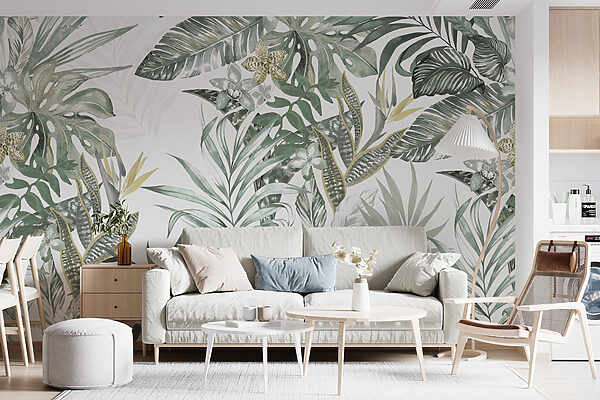 Behang met bladeren en bloemen Behang met bladeren en bloemen