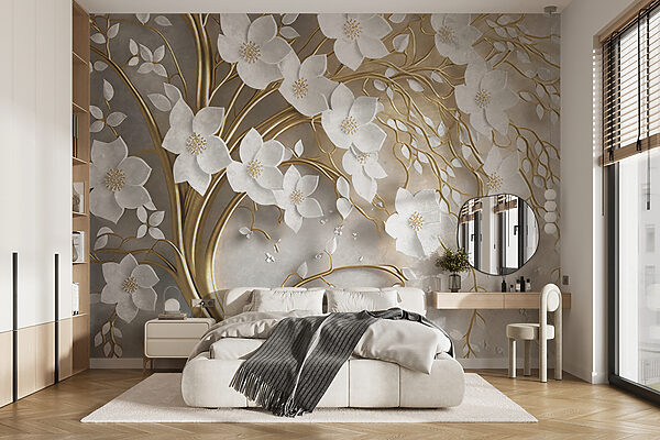 Boom met witte bloemen en bladeren Boom met witte bloemen en bladeren